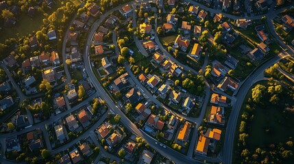 Aerial view of a residential neighborhood. Concept of suburban community, housing, and urban planning.