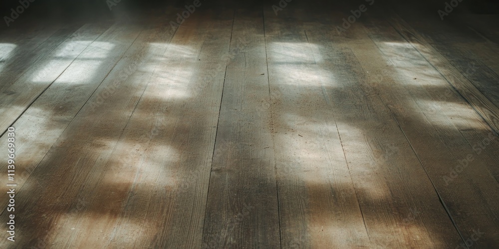 Aufkleber sawdust-covered wooden floor with light reflections and textures in a rustic environment