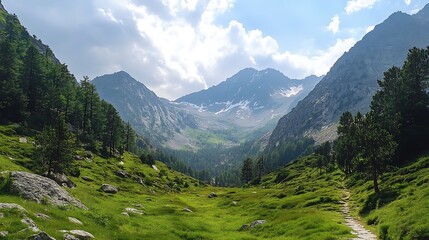 Fototapeta premium Alpine valley landscape. Scenic mountain view with lush greenery and peaks.