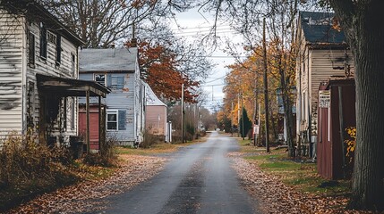 Autumnal Street Scene, Abandoned Houses and Falling Leaves. Concept of decay, nostalgia, and forgotten places.