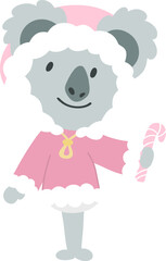 Little Koala wearing Winter Outfit Holding Candy Cane.Cartoon doodle