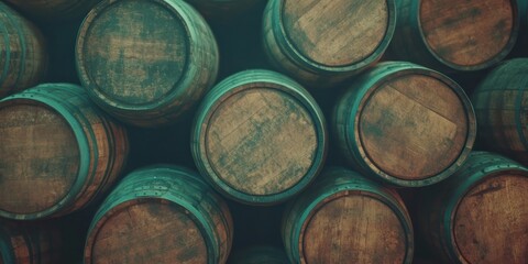 Stacked wooden barrels create a rustic texture in an agricultural warehouse environment