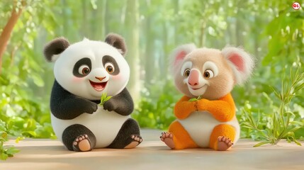 Obraz premium Two adorable animated animals, a panda and a koala, happily sharing leaves in a lush forest.