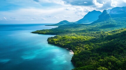 Tropical Coastline with Lush Green Mountains and Azure Ocean. Scenic Landscape.