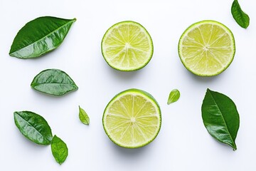 Fresh Half Limes and Lemons with Green Leaves Isolated on Clean White Background