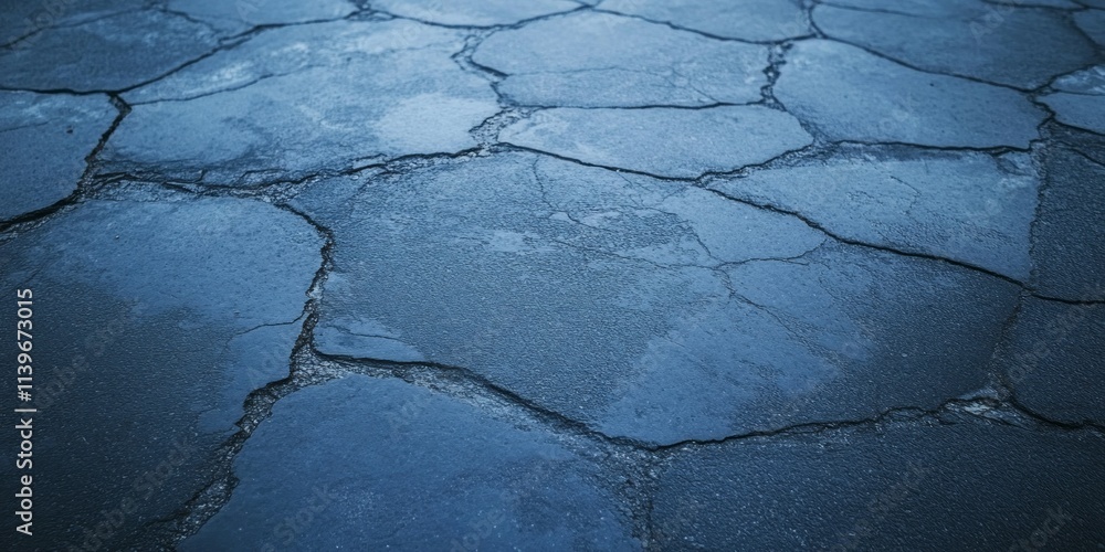 Poster textured tar-coated road surface with visible cracks and uneven surface details in urban area