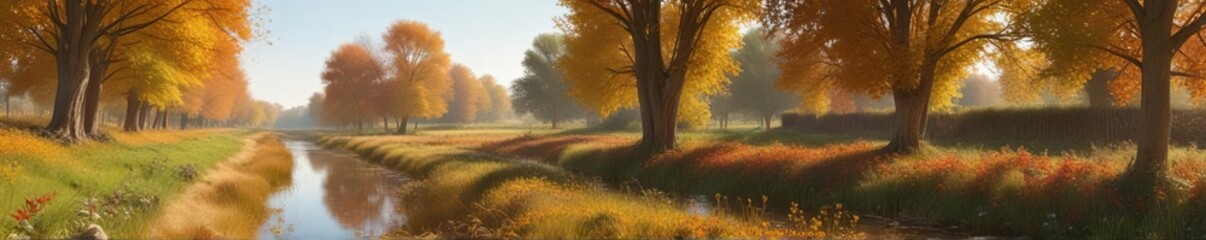 A scattering of autumn dry leaves along the edge of a picturesque canal beside a vast open field with mature trees and wildflowers, leaf fall, nature, fields