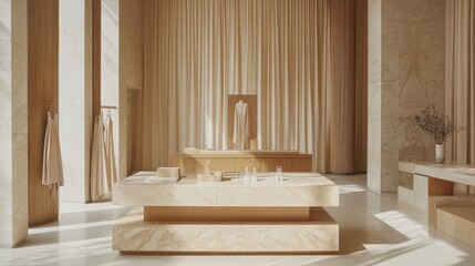 Minimalist boutique interior featuring high-end fashion dresses on wooden racks, with curated jewelry pieces displayed on marble counters.