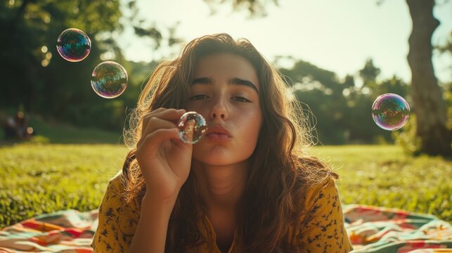 Teen girl blowing bubbles in park.