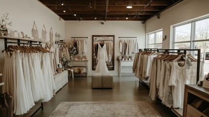 Minimalistic boutique showcasing high-end dresses on sleek racks and curated jewelry on elegant displays. The neutral-toned interior exudes sophistication