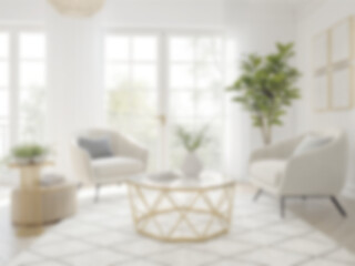 Fototapeta premium A blurred shot of a white living room with a modern minimalist design.