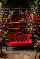 Bold Red Velvet Sofa on a Wedding Stage Framed by Opulent Gold and Dramatic Roses