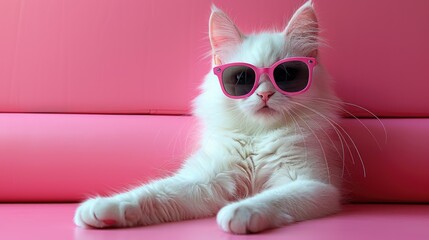 A stylish white cat wearing pink sunglasses lounges on a pink background.