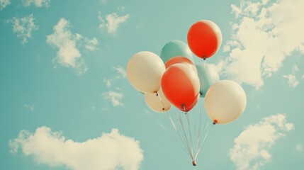 Fototapeta premium A cluster of brightly colored balloons rising into a blue sky, leaving blank space above