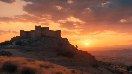 Obraz premium A castle perched on a hill at sunset, casting shadows over the landscape.