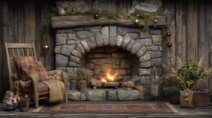 A cozy indoor scene with a fireplace and blank areas for festive messages  Continue adding festive indoor and outdoor scenes, gifts, and seasonal decorations