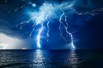 Ein starkes Gewitter mit mehreren Blitzen über einem Meer