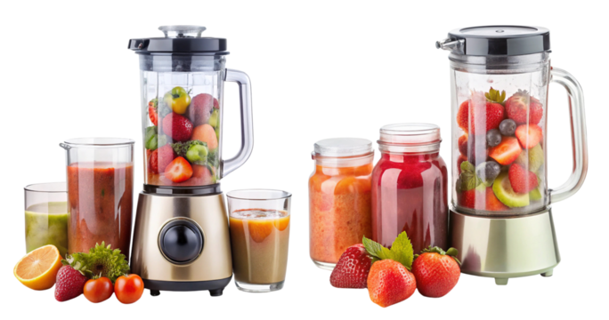 Smoothie maker with a transparent jar, placed isolated on transparent background.