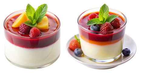 Cup of panna cotta, with fruit coulis on top isolated on transparent background.