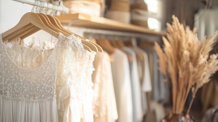 Sophisticated boutique store with minimalist decor, offering curated high-end clothing, including delicate dresses and statement jewelry pieces