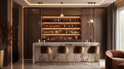 Sophisticated home bar room featuring a marble countertop, rich velvet seating, and golden light fixtures. Custom cabinets showcase premium liquor bottles