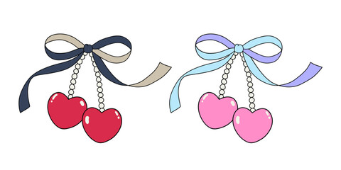 aesthetic pastel ribbon bow, heart pendant necklace decoration and dressing isolated drawing elements. vector illustration
