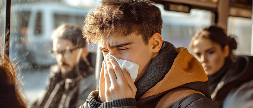 Young man battles cold on public transportation surrounded by uninterested passengers in urban setting