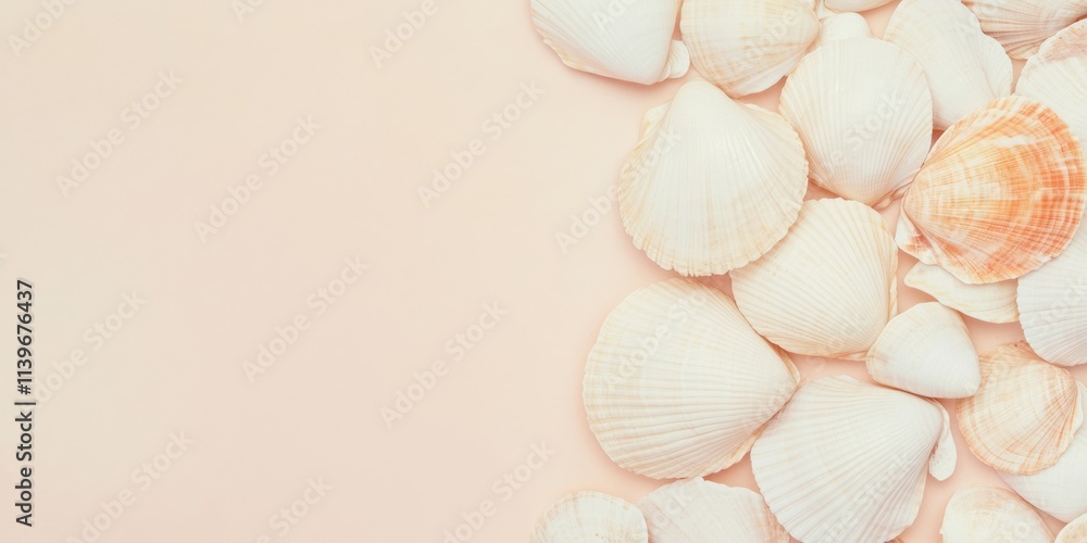Poster Decorative banner with empty space and decorative sea shells placed on a soft background