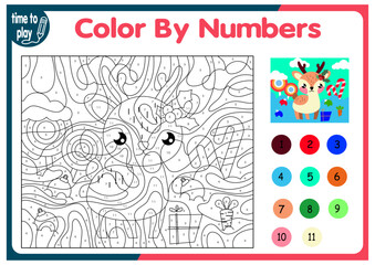 children's educational tasks, games. puzzle. coloring by numbers. Christmas tree. Christmas balls. penguin. deer	
