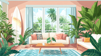 "Interior of a bright living room featuring a surfboard, houseplants, and sofas."