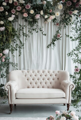 Soft Cream Linen Sofa on a Wedding Stage Framed by White Roses and Gentle Fabrics