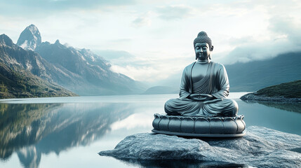 Buddha statue peacefully rests on a rock in a serene lake surrounded by majestic mountains under a calm sky