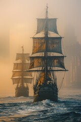 Two majestic vintage tall ships sail through misty waters, silhouetted against a hazy skyline, evoking nostalgia, adventure, and historical seafaring.