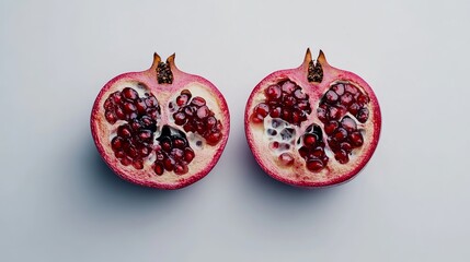 A juicy red pomegranate, cut in two, on a white background.