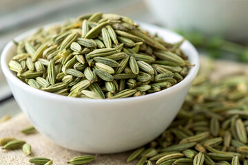 A detailed shot of fennel seeds in a small bowl