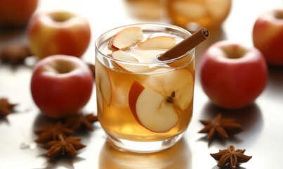 Iced Apple Cider with Cinnamon Sticks and Apple Slices on White Background