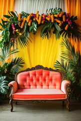 Vibrant Orange Sofa on a Wedding Stage Framed by Autumn Leaves and Warm Light
