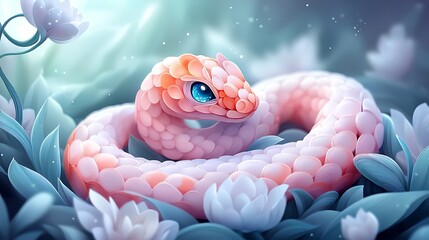 Delicate pastel paper quilling snake resting elegantly with soft botanical patterns