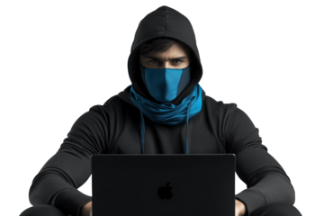Hacker wearing a black hoodie and blue face mask working on a laptop, isolated on a transparent background, perfect for cybersecurity themes