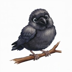 Joyful Illustration of a Small Crow on a Twig