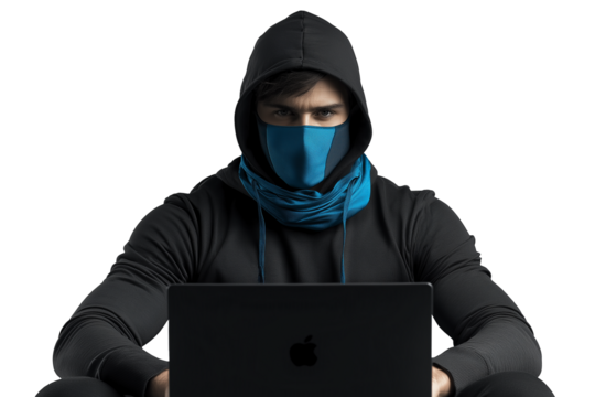Hacker wearing a black hoodie and blue face mask working on a laptop, isolated on a transparent background, perfect for cybersecurity themes
