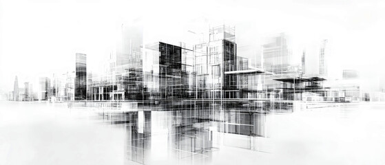 Exploring the journey from architectural blueprints to the construction of modern buildings in a sleek monochrome design