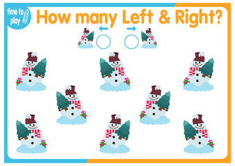 children's educational game, tasks. count how many elements will be placed on the right and how many on the left. New Year. Christmas	
