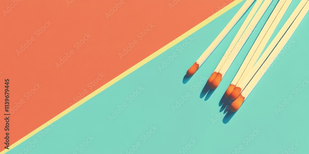 Poster brightly colored banner featuring matchsticks on contrasting background with lively colors and clean