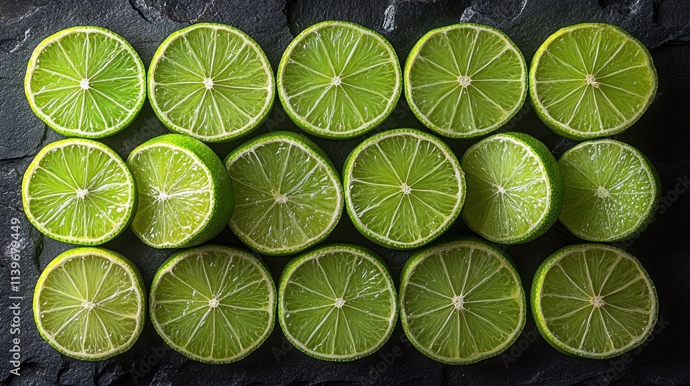Poster sliced limes neatly arranged on a dark slate surface.