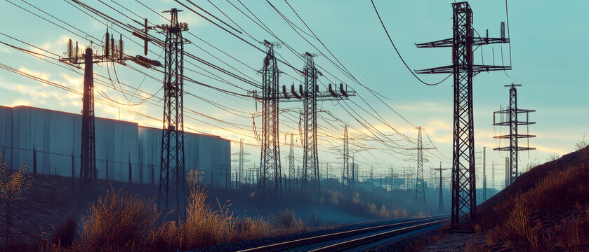 Dynamic interplay of high-voltage towers and power lines against a vivid blue sky at dusk in a rural setting