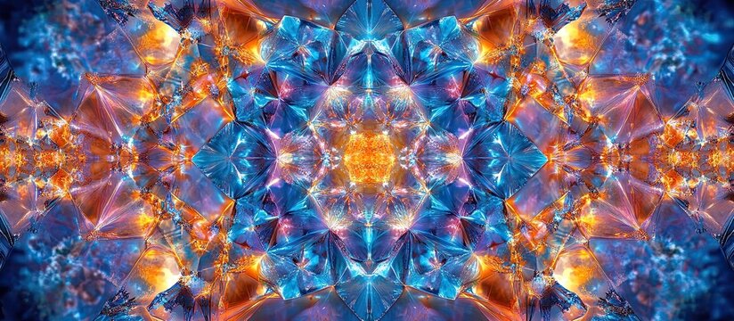 Abstract kaleidoscope pattern with blue, orange, and purple crystals.