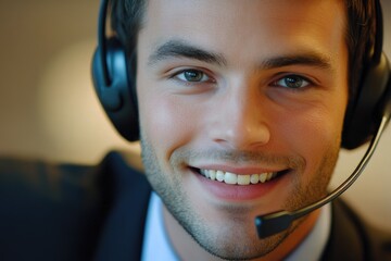 Cheerful Support Agent Engaged in Client Communication with Hands-Free Headset in a Modern Office Environment