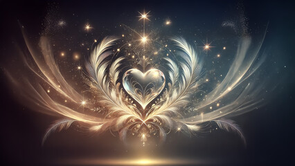 Gold glitter heart, feathers adorned, elegant and sophisticated dark colored, golden yellow Valentine's Day composition