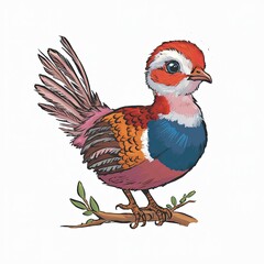 Endearing Illustration of a Tiny Pheasant on a Branch